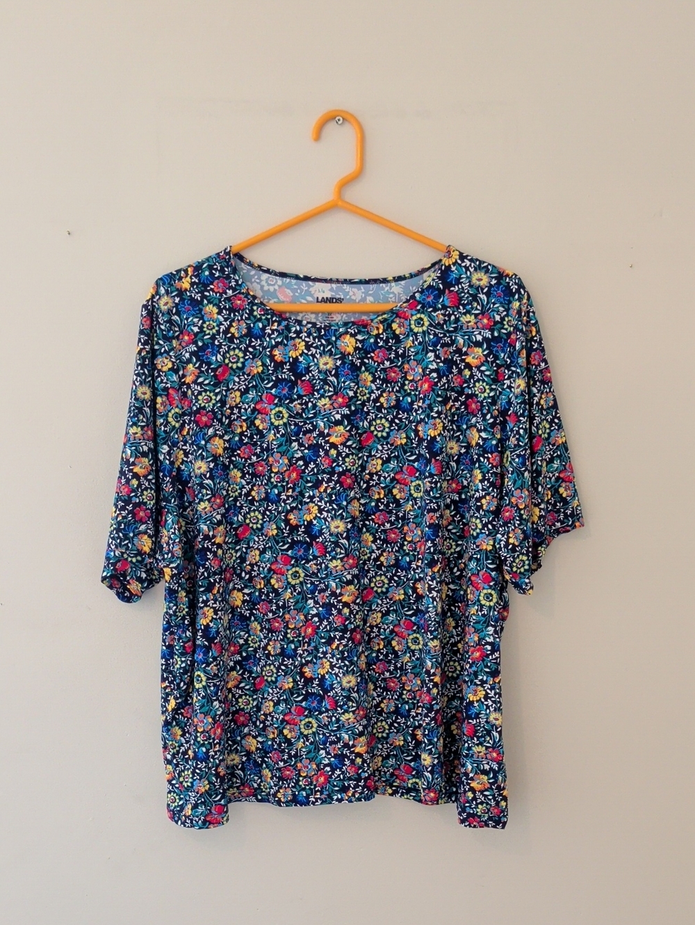 Lands' End Navy Floral Short Sleeve Tee with Multicolor Blooms